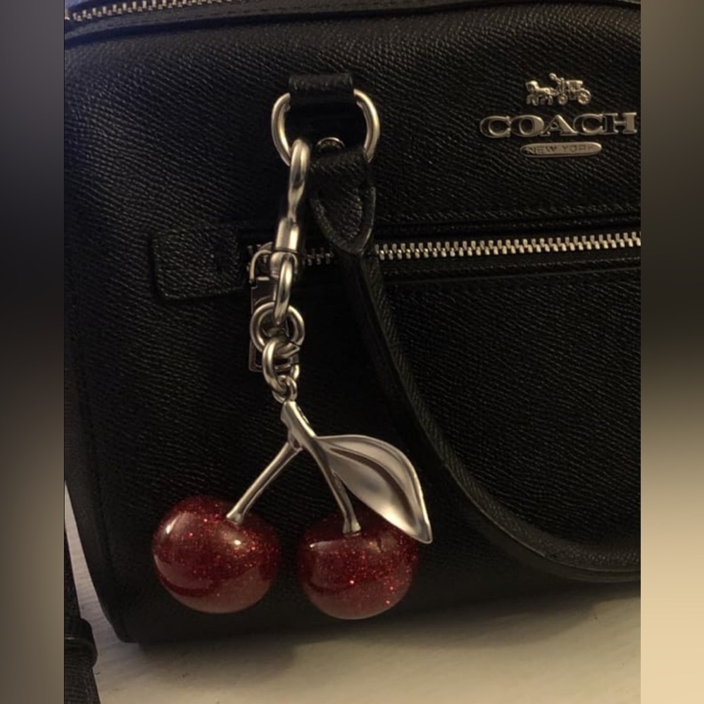 New Glittery Red Cherry Bag Charm w/ Silver-Toned Hardware & Large Pom Pom - Picture 6 of 6
